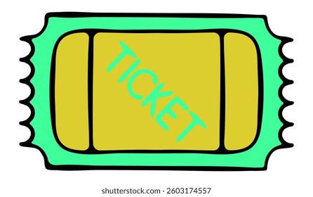 Ticket set icon. Simplified shape with word Ticket represents admission, entertainment, event entry, pass, access, concert, movie, fair, festival, show.