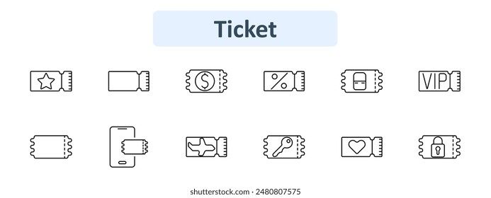 Ticket set icon. Star, blank, money, discount, concert ticket, VIP , digital ticket, flight , key, heart, secure ticket. Events, admission,