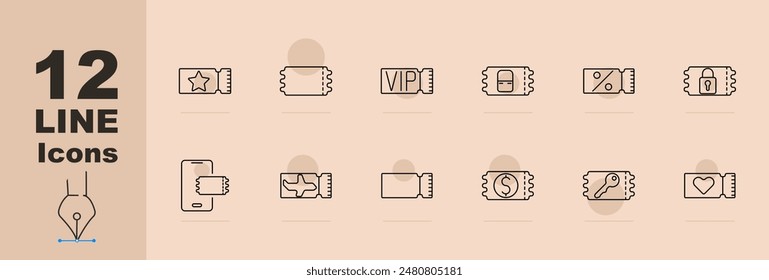 Ticket set icon. Ticket stub, currency, discount, percentage, VIP, mobile ticket, plane, key, heart, lock. Event and travel access concept.