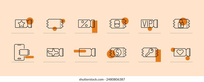 Ticket set icon. Ticket stub, currency, discount, percentage, VIP, mobile ticket, plane, key, heart, lock. Event and travel access concept.