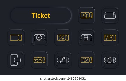 Ticket set icon. Ticket stub, currency, discount, percentage, VIP, mobile ticket, plane, key, heart, lock. Event and travel access concept.