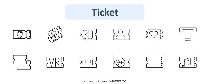 Icono de conjunto de tickets. Teatro, estrella, 3D, persona, corazón, torniquete, VR, código de barras, baloncesto, nota musical. Admisión, entretenimiento, evento, concepto de entrada