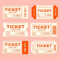 Ticket Set Icon Vector Illustration In The Flat Style. Ticket Stub Isolated On A Background. Retro Cinema Or Movie Tickets.