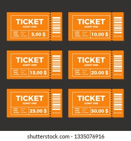 Ticket set icon vector illustration in the flat style. Ticket stub isolated on a background. Retro cinema or movie tickets.