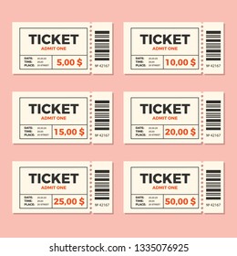 Ticket set icon vector illustration in the flat style. Ticket stub isolated on a background. Retro cinema or movie tickets.