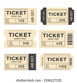 Ticket set icon, vector illustration in the flat style. Ticket stub isolated on a background. Retro cinema or movie tickets.