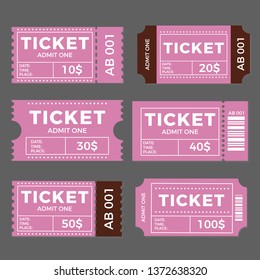 Ticket set icon, vector illustration in the flat style. Ticket stub isolated on a background. Retro cinema or movie tickets