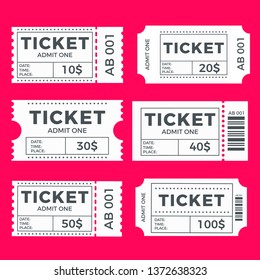 Ticket set icon, vector illustration in the flat style. Ticket stub isolated on a background. Retro cinema or movie tickets