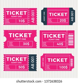 Ticket set icon, vector illustration in the flat style. Ticket stub isolated on a background. Retro cinema or movie tickets
