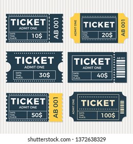 Ticket set icon, vector illustration in the flat style. Ticket stub isolated on a background. Retro cinema or movie tickets