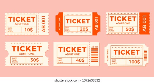 Ticket set icon, vector illustration in the flat style. Ticket stub isolated on a background. Retro cinema or movie tickets