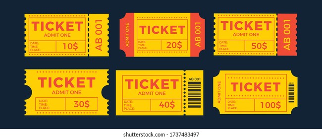 Ticket set icon, vector illustration in the flat style. Ticket stub isolated on a background. Retro cinema or movie tickets