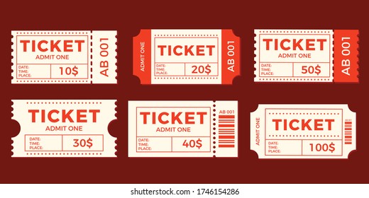 Icono de juego de entradas, ilustración vectorial en el estilo plano. El boleto aislado en un fondo. Cine retro o entradas de cine