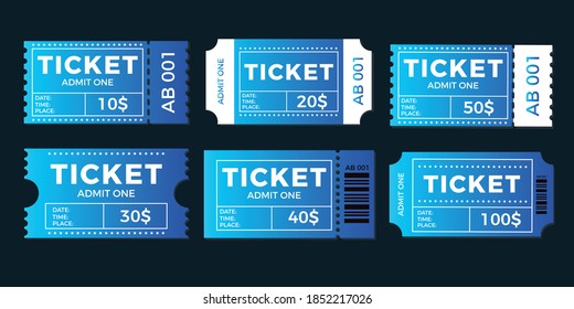 Ticket set icon, vector illustration in the flat style. Ticket stub isolated on a background. Retro cinema or movie tickets