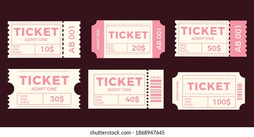 Ticket set icon, vector illustration in the flat style. Ticket stub isolated on a background. Retro cinema or movie tickets