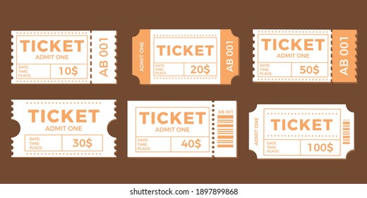 Ticket set icon, vector illustration in the flat style. Ticket stub isolated on a background. Retro cinema or movie tickets