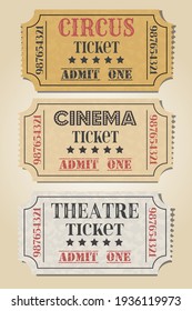 Ticket set icon, vector illustration in the flat style. Ticket stub isolated on a background. Retro cinema or movie, theatre, circus tickets