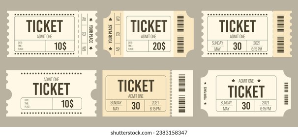 Ticket set icon, vector illustration in the flat style. Ticket stub isolated on a background. Retro cinema or movie tickets