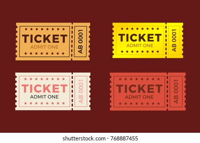 Ticket set icon vector illustration in the flat style. Ticket stub isolated on a background. Retro cinema or movie tickets.