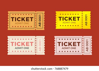 Ticket set icon vector illustration in the flat style. Ticket stub isolated on a background. Retro cinema or movie tickets.