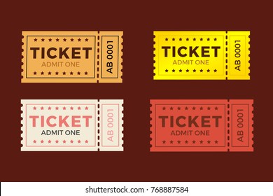 Ticket set icon vector illustration in the flat style. Ticket stub isolated on a background. Retro cinema or movie tickets.