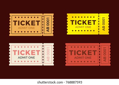Ticket set icon vector illustration in the flat style. Ticket stub isolated on a background. Retro cinema or movie tickets.