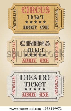 Ticket set icon, vector illustration in the flat style. Ticket stub isolated on a background. Retro cinema or movie, theatre, circus tickets