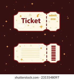 Ticket. Set of magic items in cardboard style vector illustration flying ball, magic feather, glasses, tie, potion cauldron, shoe print. The template is perfect for kids events and costume parties