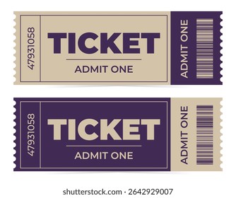 Ticket set in modern style. Vector illustration isolated. Entry template for cinema, festival, theater, concert and more
