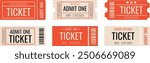 Ticket set, old style. Admit one tickets with bar code. Vintage, retro ticket concert and festival event, movie theater coupon. Vector paper and digital samples icon.