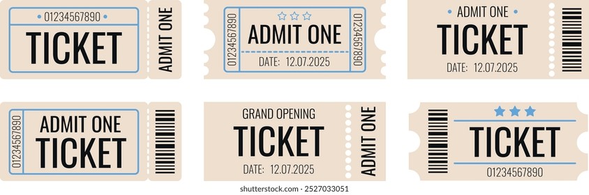 Ticketset, alter Stil. Geben Sie ein Ticket mit Barcode ein. Vintage, Retro Ticket Konzert und Festival-Event, Kino-Gutschein. Vektorpapier und Symbol für digitale Muster.