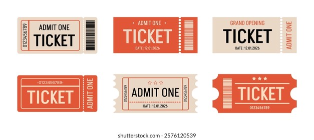 Ticket set, old style. Admit one tickets with bar code. Vintage, retro ticket concert and festival event, movie theater coupon. Vector paper and digital samples icon.