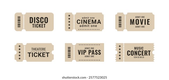 Ticket set, old style. Admit one tickets with bar code. Vintage, retro ticket concert and festival event, movie theater coupon. Vector paper and digital samples