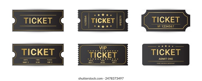 Ticket set in simple style with golden text. Gold VIP coupon and pass for visitor. Vector illustration isolated on white background