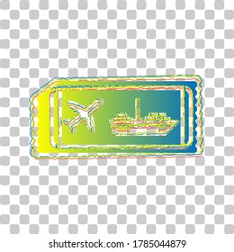 Ticketzeichen. Blau-Grün-Farbverlauf-Symbol mit vier Roughen-Konturen auf stylischem, transparentem Hintergrund. Illustration.