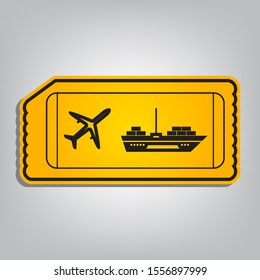 Ticket sign. Flat orange icon with overlapping linear black icon with gray shadow at whitish background. Illustration.