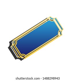 Ticket sign illustration. Blue icon with gold contour with dark gray shadow at white background. Illustration.