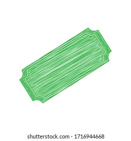 Ticket sign illustration. Green scribble Icon with solid contour on white background. Illustration.
