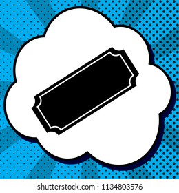 Ticket sign illustration. Vector. Black icon in bubble on blue pop-art background with rays.
