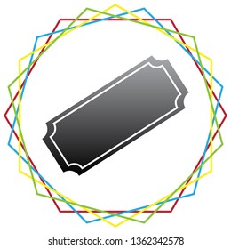 Ticket sign illustration. Vector. Black icon with patch of light inside colorful hexagonal frames at white background.