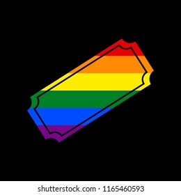 Ticket sign illustration. Vector. Icon with colors of LGBT flag at black background.