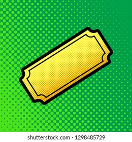 Ticket sign illustration. Vector. Pop art orange to yellow dots-gradient icon with black contour at greenish background.