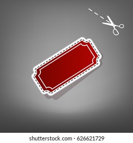 Ticket sign illustration. Vector. Red icon with for applique from paper with shadow on gray background with scissors.