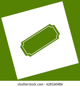 Ticket sign illustration. Vector. White icon obtained as a result of subtraction rotated square and path. Avocado background.