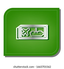 Ticket sign. Silver gradient line icon with dark green shadow at ecological patched green leaf. Illustration.