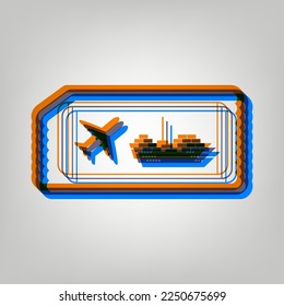 Ticket sign. Stroked Icon in orange, azure and old lavender Colors at gray Background. Illustration.