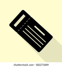 Ticket simple sign. Black icon with flat style shadow path on cream background.