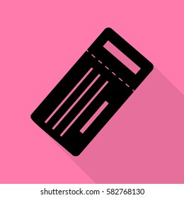 Ticket simple sign. Black icon with flat style shadow path on pink background.