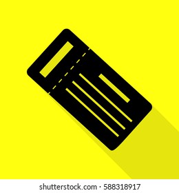 Ticket simple sign. Black icon with flat style shadow path on yellow background.