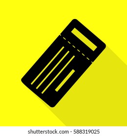 Ticket simple sign. Black icon with flat style shadow path on yellow background.
